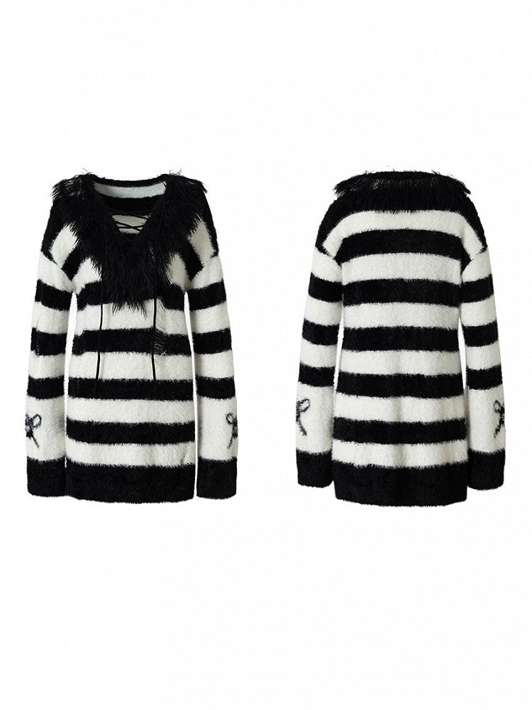 White with Striped Vintage Long Black Lacing Punk Crisscross Mink Distressed Collar Sweater Faux