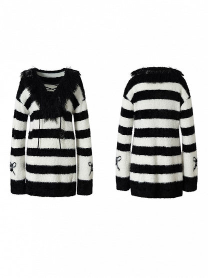 White with Striped Vintage Long Black Lacing Punk Crisscross Mink Distressed Collar Sweater Faux