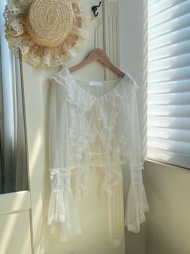 White Top Trim Sleeves Ruffle Long Dotted Sheer Cascading Tulle