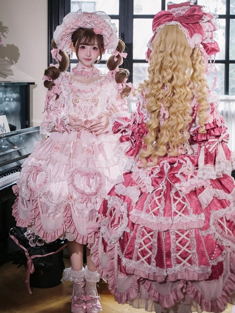 Hanayome Details Bead Embroidery Chain and Rosette Dress Rose Floral Lolita Pink