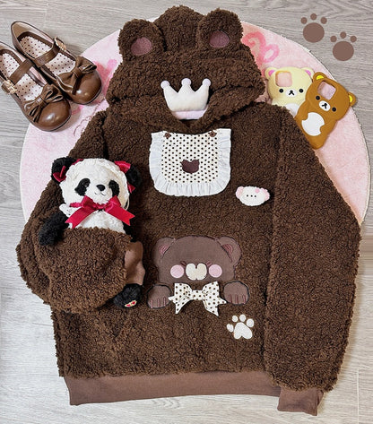 Brown Plush Fleece Hoodie with Bib Design