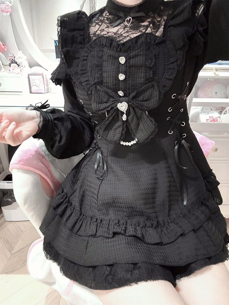 Gingham Black Jirai Kei Lace Patch Dress Shorts Bow Tie Set - Jiuniang Cherry