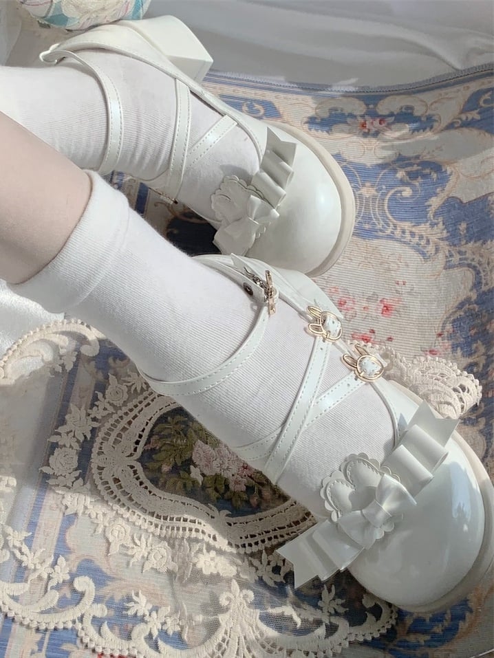Detachable Lolita Mid-heel with Fastener Sweet White Mary Inspired Bunny Janes Accents Bow