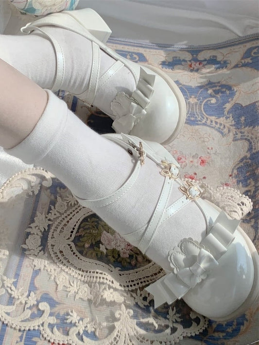 Detachable Lolita Mid-heel with Fastener Sweet White Mary Inspired Bunny Janes Accents Bow