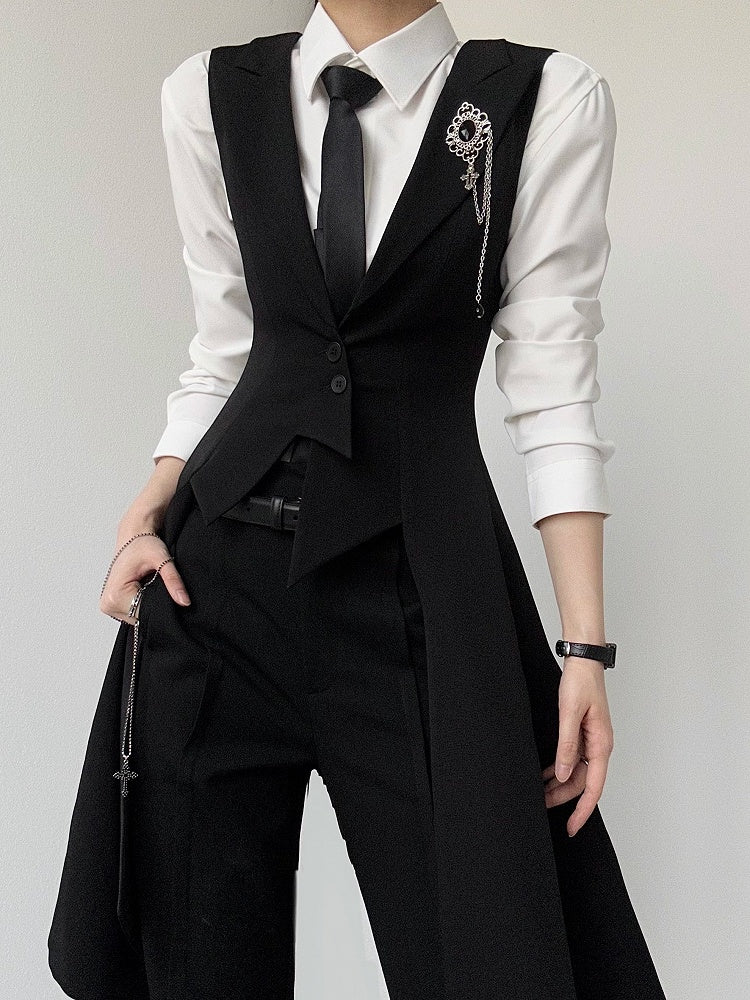 Ouji Lolita Black Tailcoat Vestwith Peaked Lapel&Triangular Back Slit
