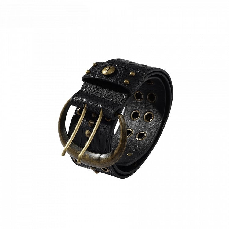 Spike with Double-Stitched Belt Studs Snakeskin Pattern Black Punk Eyelets
