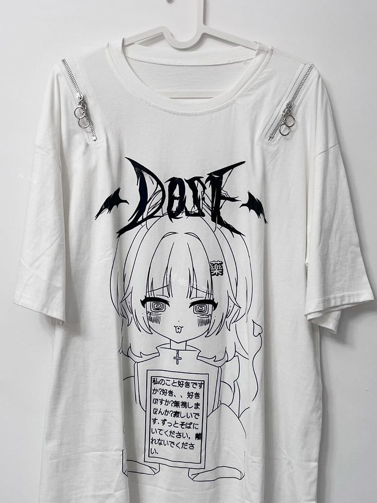 T-Shirt Jirai Letter Print Mädchen Weiß und Cartoon Kei