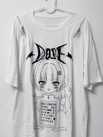 T-Shirt Jirai Letter Print Mädchen Weiß und Cartoon Kei