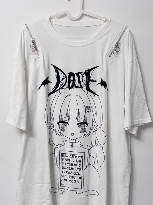 T-Shirt Jirai Letter Print Mädchen Weiß und Cartoon Kei