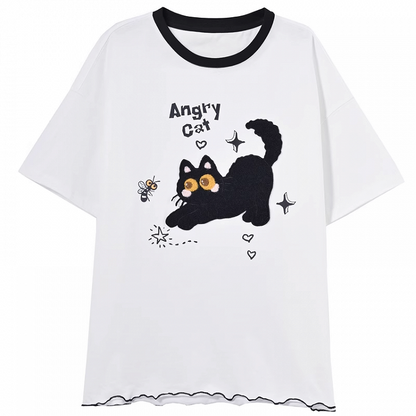 ホワイト/ベージュ 猫柄 レタス裾Tシャツ