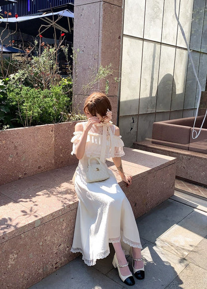 Jirai Beige Innocent Long Style Clean with Dress Flounce Off-Shoulder Kei Tiered