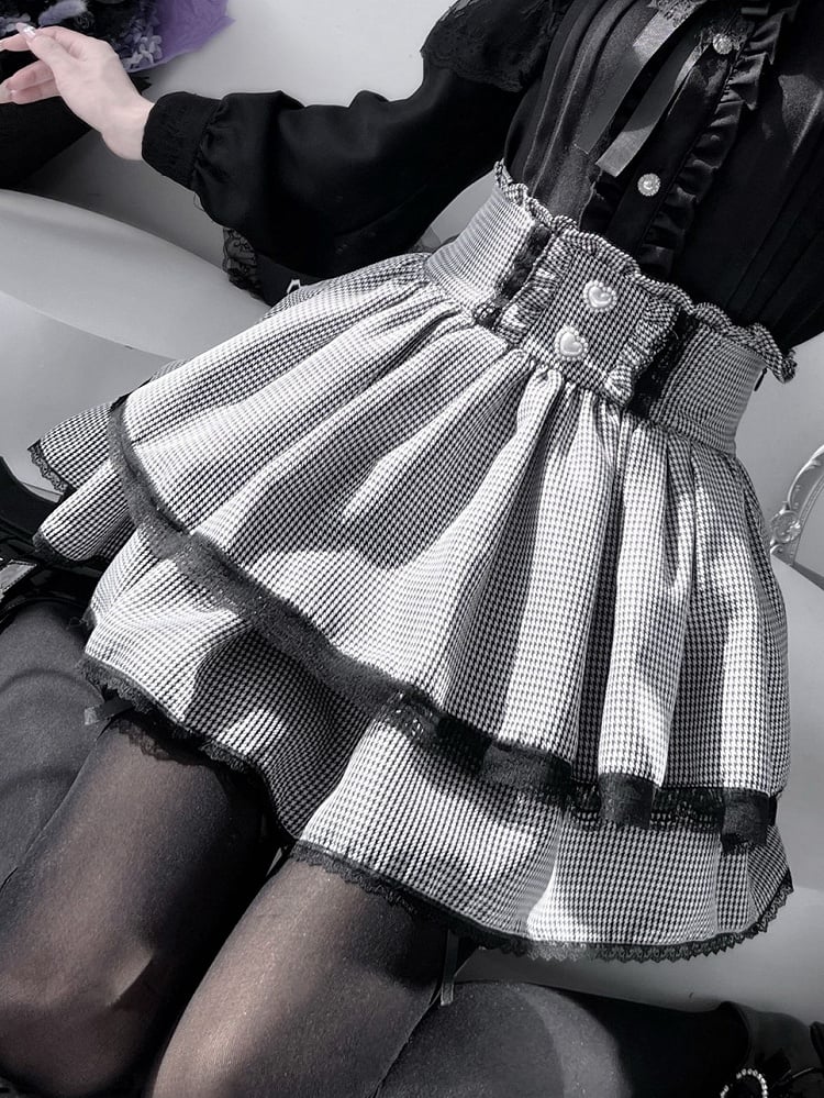 スカートティアードジライディテールケイ衣装 - ブラックホワイトチェック柄 + レッドプリーツシャツ