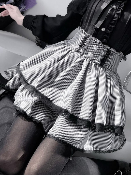 スカートティアードジライディテールケイ衣装 - ブラックホワイトチェック柄 + レッドプリーツシャツ
