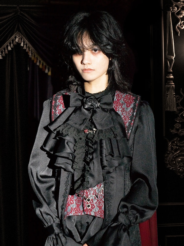 Schwarzes Ouji Fashion Lolita Langarmhemd mit Jabot-Krawatte und Fliege