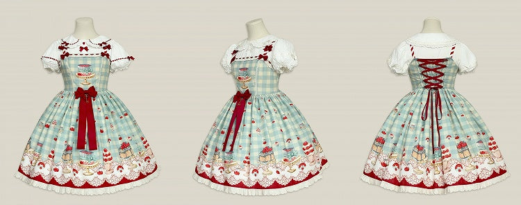 Mint Green Gingham Pattern Cherry and Dessert Sweet Lolita Jumper Skirt