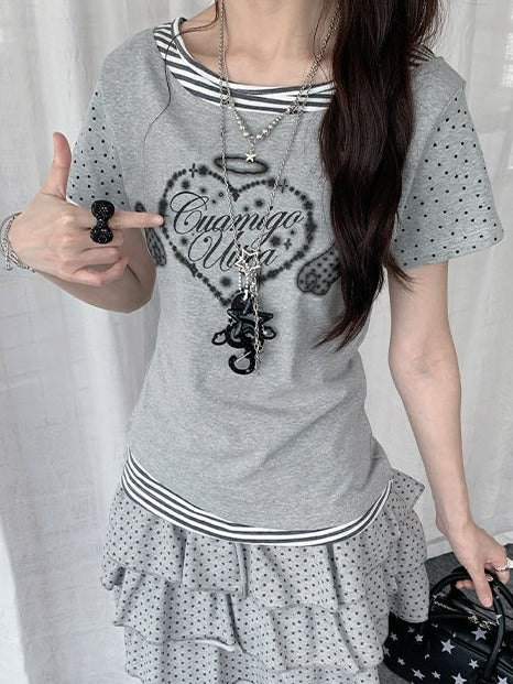 2-Color Y2K Polka Dot Striped Short Sleeve T-Shirt with Heart and Letter Print - Solkatt