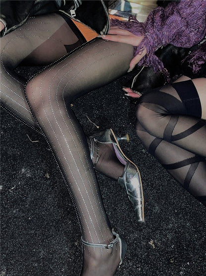 Black/Creamy White Shimmering Tights Stripes