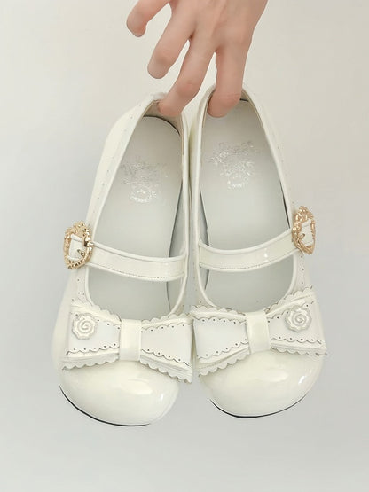 Decor Mid-heel Top with Bow Janes Sweet Design Snap White Mary Lolita Narutomaki PU