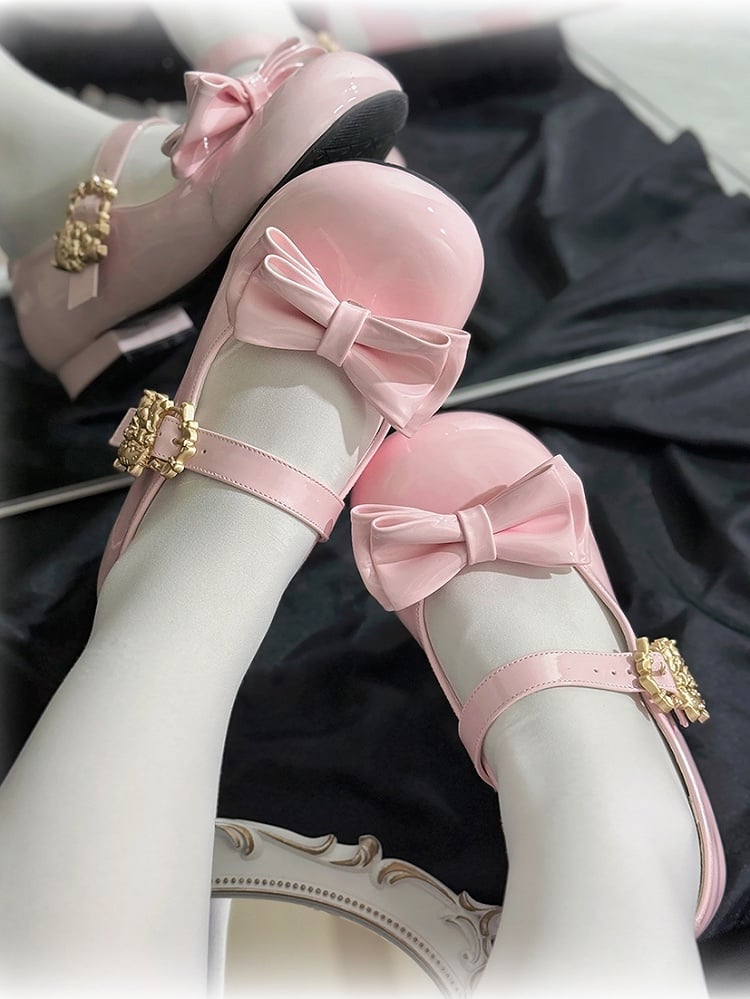 Low-heel Bow Round Lolita Toe Buckle Detail Adorable Shoes with Decor Mary Pink Cat Janes -