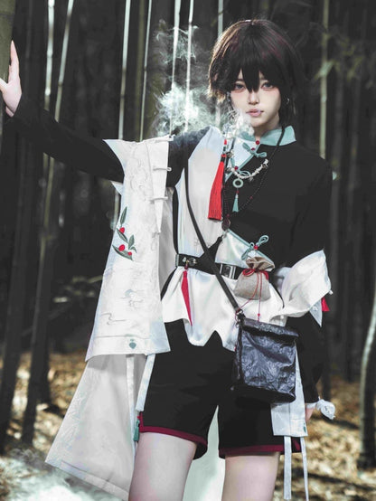 黒と白の王子ファッション長袖トップス、緑のバンドカラーとノットボタン