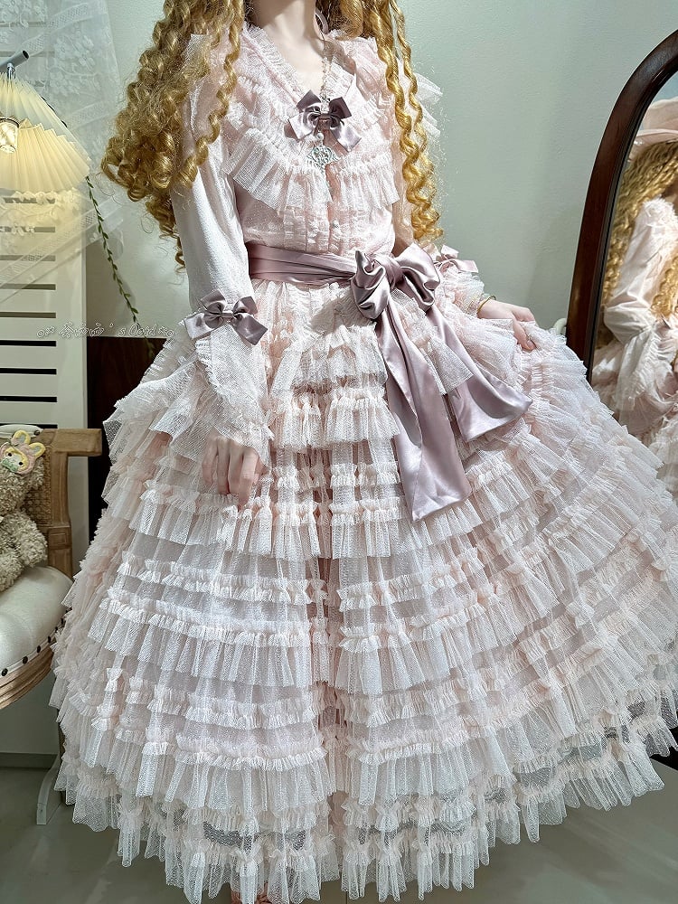 Mehrlagiges Set Bluse + Gürtel - Mesh Elegante Glockenärmel Taillenrock Lolita Baumwollweste Rosa Klassisch Tüll Gepunktet