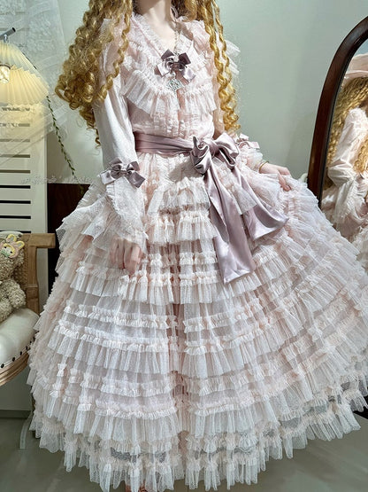 Multi-layered Set Blouse + Belt - Mesh Elegant Bell Sleeves Waist Skirt Lolita Cotton Vest Pink Classic Tulle Dotted