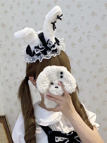 Trim with Ear Hat Lace Black White Plush Ruffled Bunny