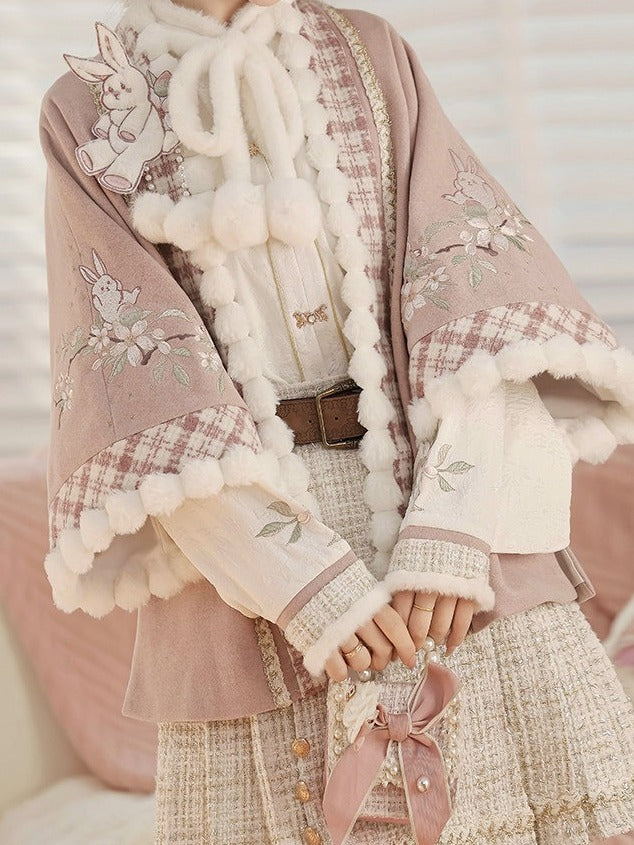 Hanfu-Style Fuzzy Long Sleeve Blouse with Pink Rabbit Embroidered Coat and Pleated Mini Skirt Set - Han Ru Chu Hanfu &amp; Han-Element Studi