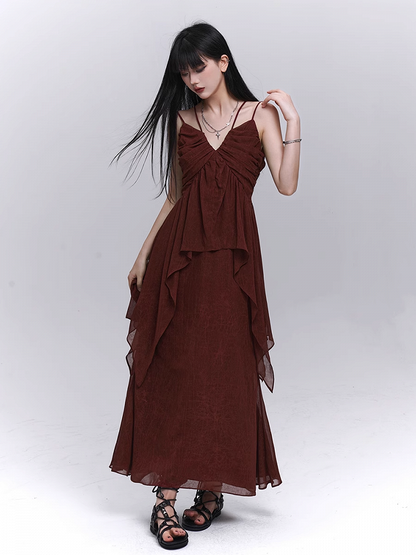 ウエスト 足首丈スカート ダークレッド 伸縮性あり