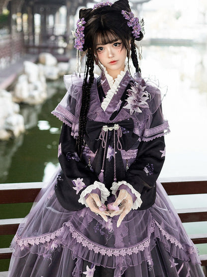 Floral Crossover Dress Neck Black Overdress Purple + Lolita Skirt Han Print Tulle