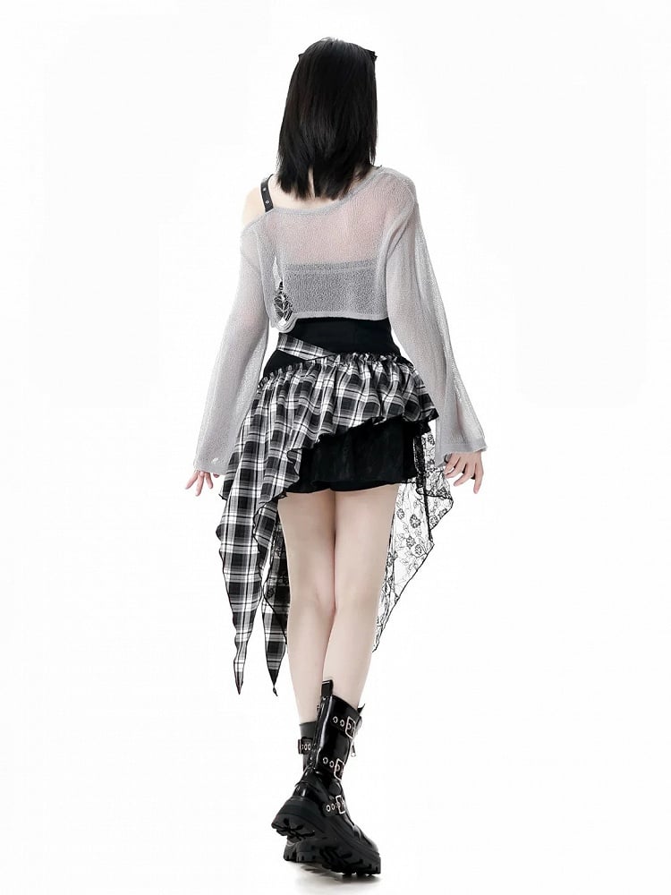 Coverup Schwarz/Grau Stern Distressed Löcher Punk Rock Strap Hohl-Out Cropped