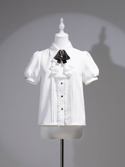 White Jabot Collar Puff Sleeves Bow Lolita Gothic Embellished Blouse