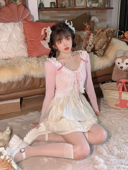 Strickjacke mit rosa Schleife zum Selbstbinden, Strick-Kurzträger, Spitzenbesatz