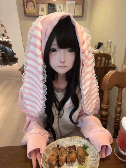 with Bunny / Dot Pink Gray Big Polka Ears Hoodie Striped