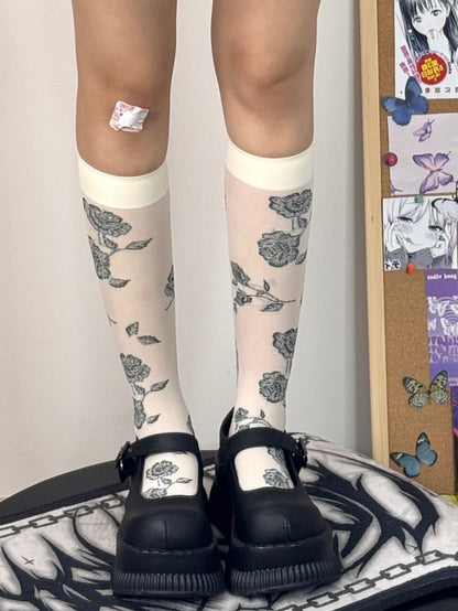 Muster Strümpfe Besatz Unterknie Schwarz/Weiß Gerippte Rosette