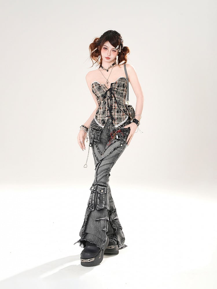 Leopard and Strapless Top Pattern Plaid Brown/Blue Lace-up Front Lace Trim