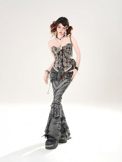 Leopard and Strapless Top Pattern Plaid Brown/Blue Lace-up Front Lace Trim