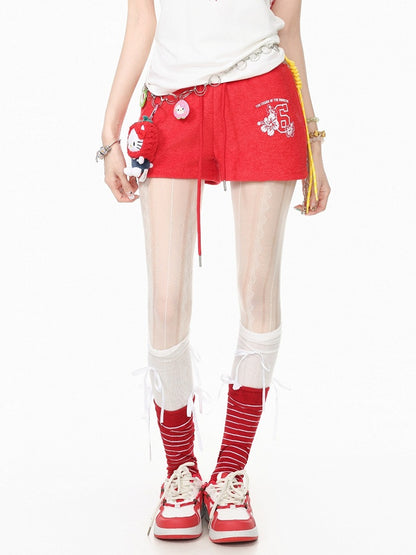 Casual Kawaii Red Letter Print Drawstring Shorts - Languid Park