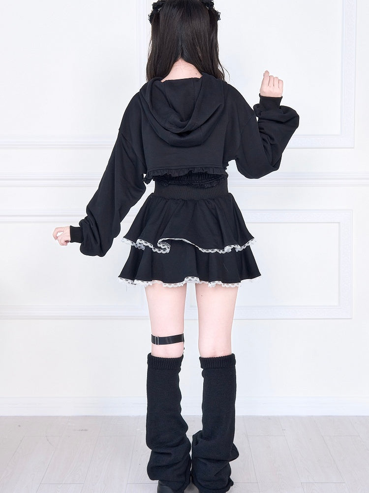 Kei Bust Black Open Subculture Jirai Short Hoodie Set: Bow Tank Big Plaid Two-Piece