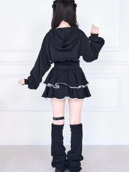 Kei Bust Black Open Subculture Jirai Short Hoodie Set: Bow Tank Big Plaid Two-Piece