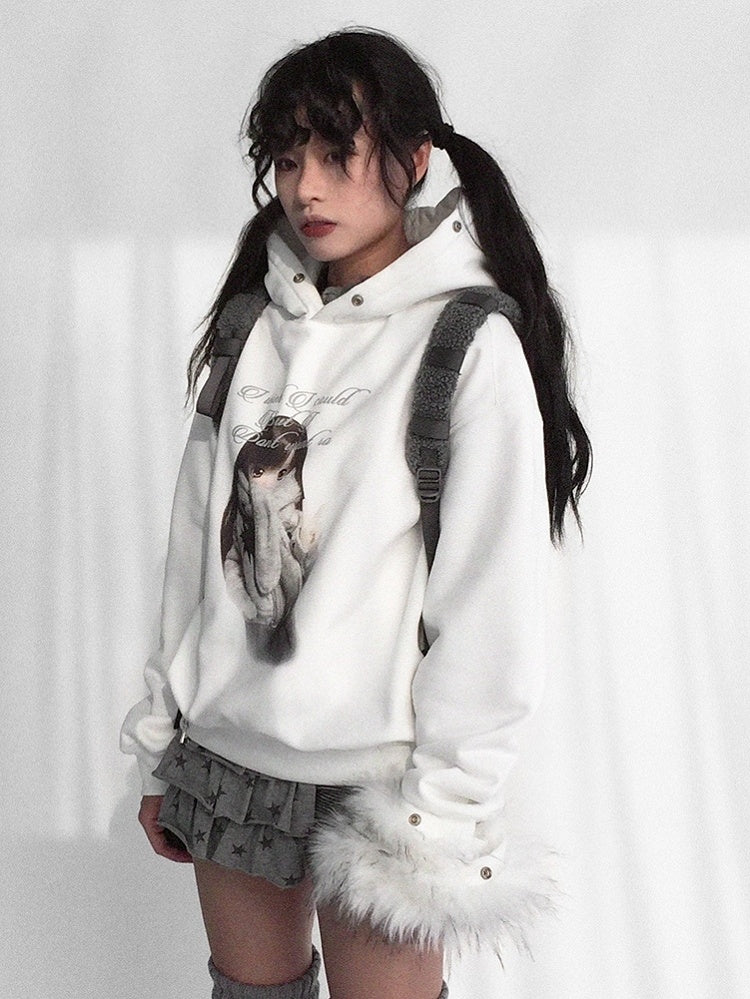 Hooded Detachable Girl Cartoon Print Trim Sweatshirt Hood Kawaii - Daily with Plush Letter