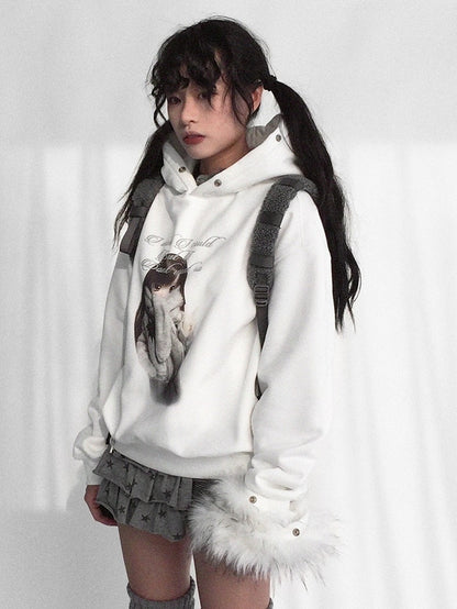 Hooded Detachable Girl Cartoon Print Trim Sweatshirt Hood Kawaii - Daily with Plush Letter