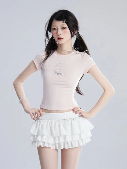 T-Shirt Puppy Print Heart Cropped Adorable Pink Charm Bittersweet