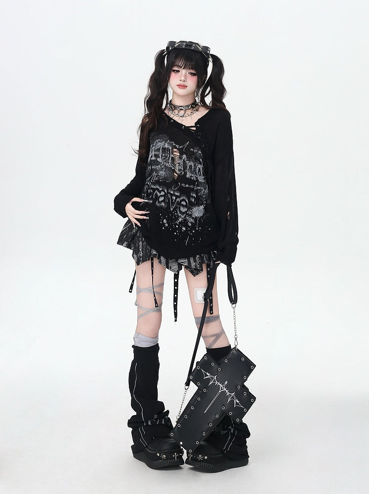 Distressed Holes Lace-up Neckline Ink-jet Print Black/Apricot