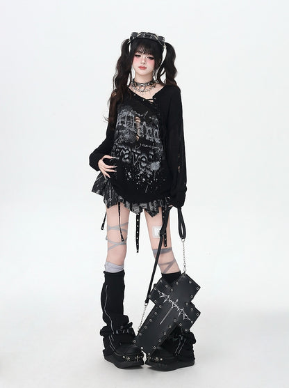 Distressed Holes Lace-up Neckline Ink-jet Print Black/Apricot