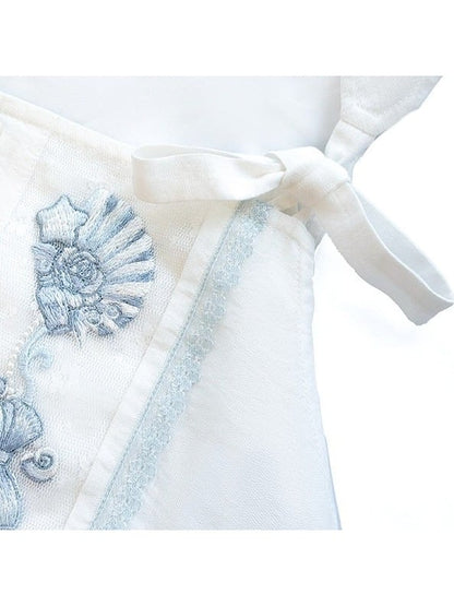 Sleeveless Tie Strap Shell Embroidered Dress in White and Blue - Yimu Walnut