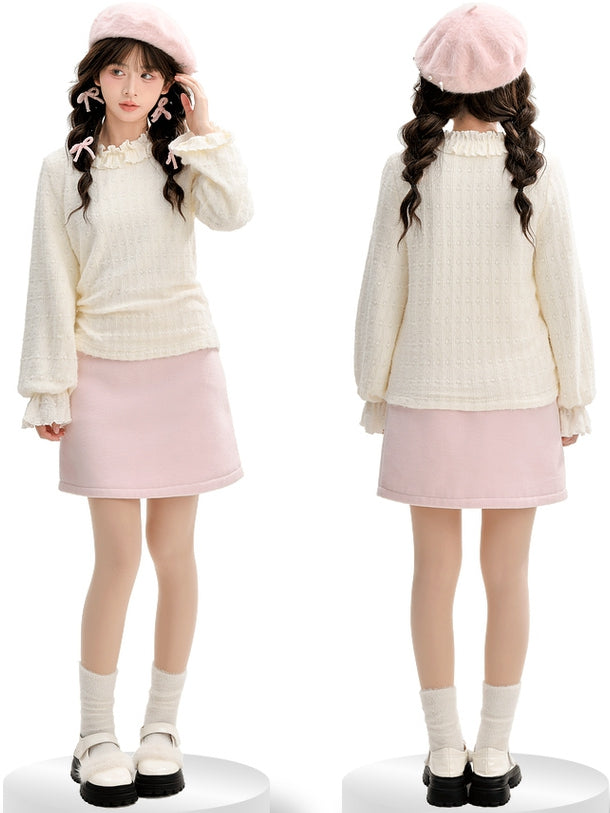 Beige Ruffle Neckline Long-Sleeve Top