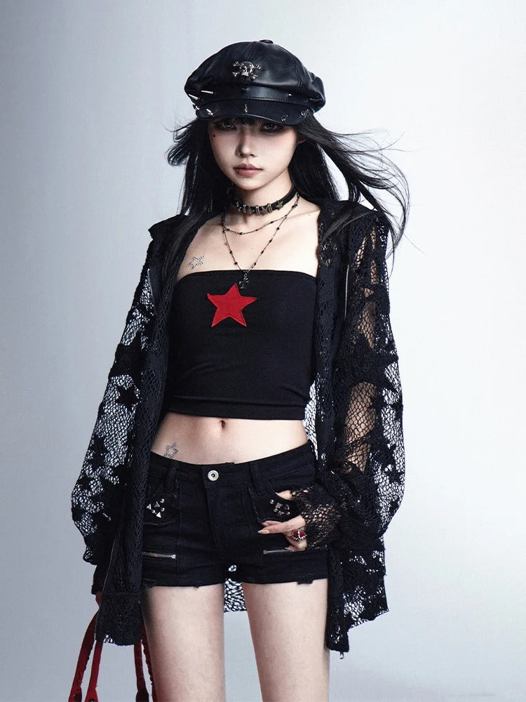 ジャケット Y2K 保護 ブラック スター柄 中空アウト サンフード付き