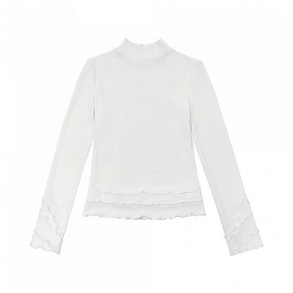 Ruffle Daily White Accents Mock Design Top Neck with Kawaii Sleeve Long