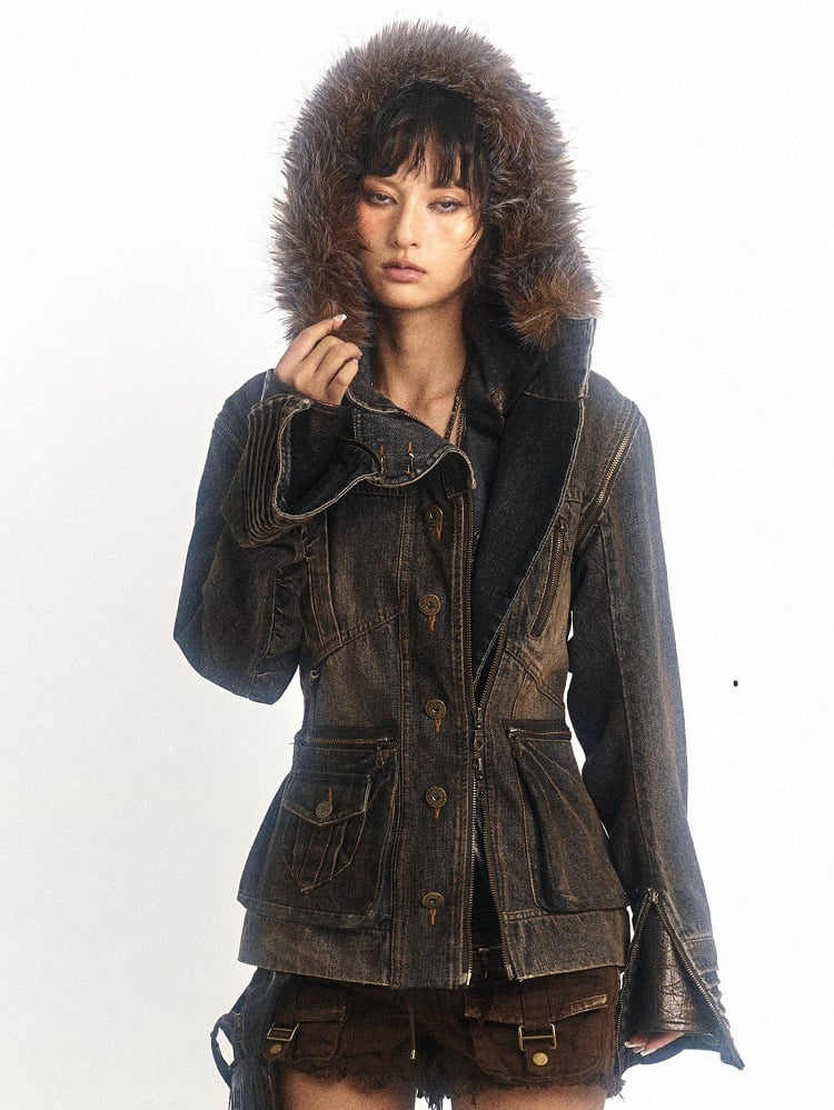 Trim Hooded Denim Grey Version Hood Detachable Brown Fur Jacket - Regular/Padded